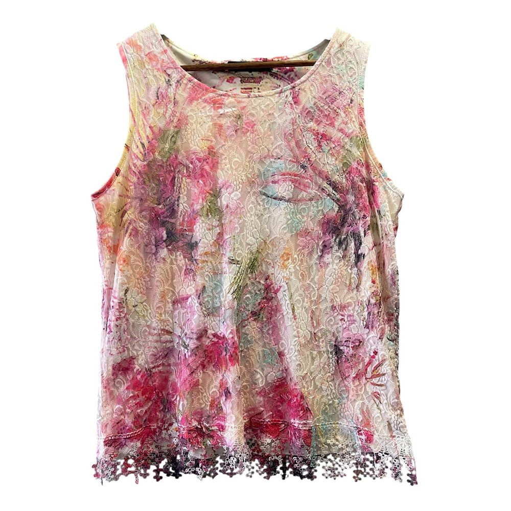 Casual Express Tank Top Women L Pink Floral Lace Overlay Sleeveless Boho Spring‎